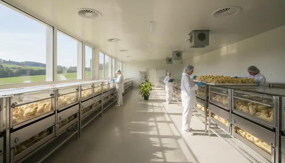 Sunny view of the Pulcini Vivi hatchery environment