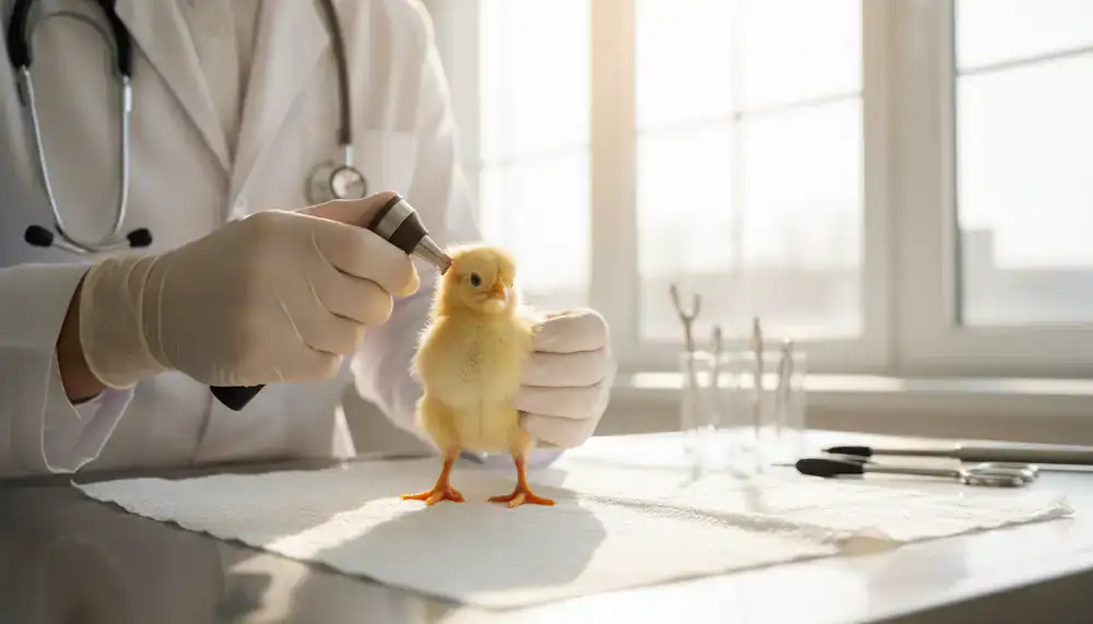 Veterinary check of a young healthy chick